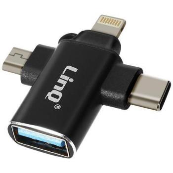 Adaptador OTG 3 en 1 USB-C, Micro-USB, Lightning a USB 3.0 Compacto Negro LinQ