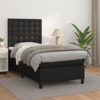 Cama box spring blanda con colchón negro 80x200 cm en cuero sintético