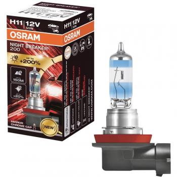 Bombilla H11 OSRAM Night Breaker 200, lámpara de faro halógena, +200% más de luz, 12 V, PGJ19-2, 1 paquete