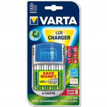 Cargador LCD VARTA para Pilas AA/AAA con Detección de Células Defectuosas, Tiempo de Carga 2h, Adaptador de Coche 12V e Incluye 4 Pilas Recargables AA Power ACCU 2600mAh
