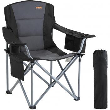 Vevor Portable Heavy Duty Folding Camping Chair for Adults with Cup Holder and Side Pockets, Black