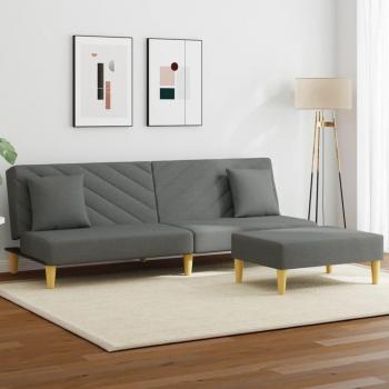 Sofá cama de 2 plazas con almohadas y reposapiés en tela gris oscuro