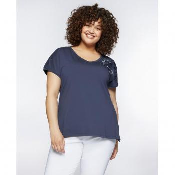Camiseta de mujer Fiorella Rubino con bordado floral, cuello en V, manga corta
