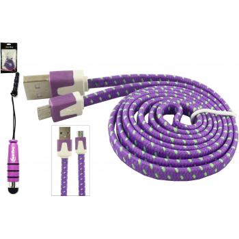 Emartbuy Trenzado Piso Duo Paquete para Samsung Galaxy Young 2- Púrpura Mini Metallic Lápiz Óptico + Trenzado Púrpura / Verde Cable Plano Antienredos para Transferencia de Datos y Cargador Micro USB Sync