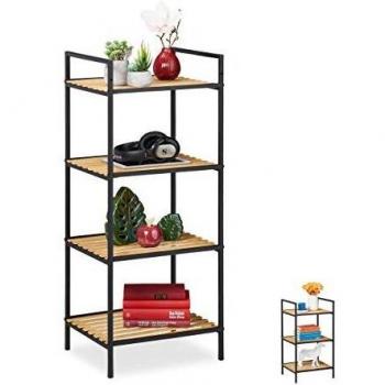 Estantería de pie abierta de 4 niveles en bambú y metal, mueble para salón y pasillo, 95x39x32,5 cm, marrón y negro - Relaxdays