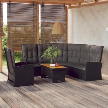 vidaXL 3-Piece Black Poly Rattan Garden Lounge Set with Cushions