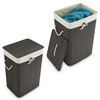 Cestos de Ropa Sucia Plegables de Bambú con Tapa, Rectangulares, 83L, Set de 2, Negro
