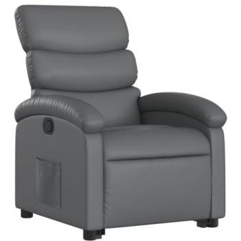 Sillón Reclinable Elevable de Cuero Artificial Gris con Respaldo y Reposabrazos, Asiento Ajustable, Ideal para Relax y Descanso