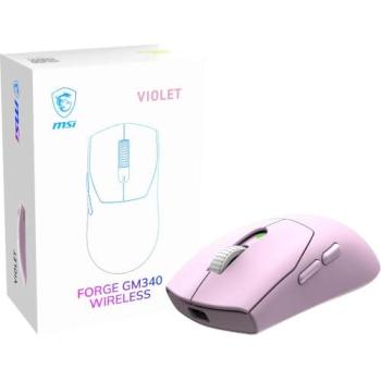 Ratón Gaming Inalámbrico MSI Forge GM340 Violeta, Sensor Óptico Pixart PAW3311, Hasta 12.000 DPI, Diseño Simétrico, 6 Botones, Autonomía de 82