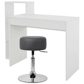 Escritorio Blanco con Estantería y Taburete Gris Oscuro, Mesa de Estudio/Trabajo para PC 110x72x40 cm, Sistema 2 en 1