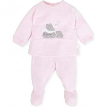 Conjunto de bebé niña rosa Tutto Piccolo con pie, abertura trasera con botón a presión y dos piezas con osos
