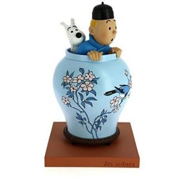 Figura de colección Tintin y Milú en jarrón chino de resina 23 cm, color azul
