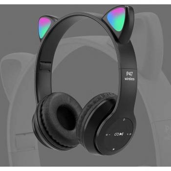 Auriculares Inalámbricos Plegables con Orejas de Gato y Luz LED para Niños, Bluetooth y Micrófono sobre la Oreja para Aprendizaje en Línea