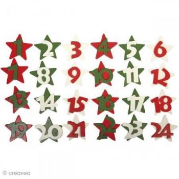 Rayher – 56500295 – estrellas de madera con números 1 – 24, 4 x 4 cm, F. ADV, calendario caja de madera 24 pcs, royalrot