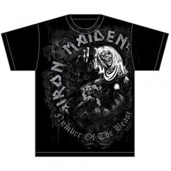 Iron Maiden - Number Of The Beast - ROCK OFF Men's T-Shirt, Grey Tone Short Sleeve, Black, Large
