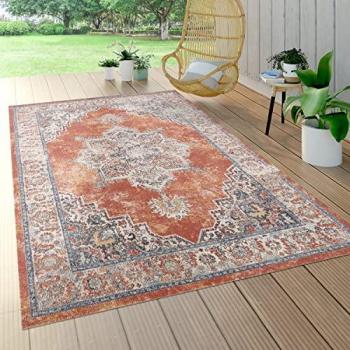 Alfombra de Exterior Terraza Marroquí Estampado Oriental Rojo, Pelo Corto, Tamaño 80x150 cm