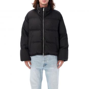 AMI Paris Men's ami De Coeur Black Down Jacket with Hidden Hood - Size L