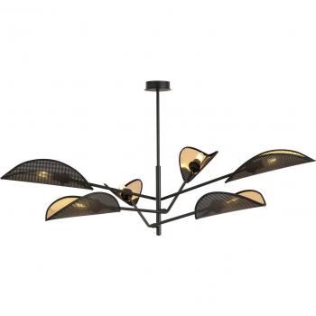 Lámpara colgante semiempotrable Emibig Vene, negro/oro, 6 luces E14 con pantallas de tela negra y dorada