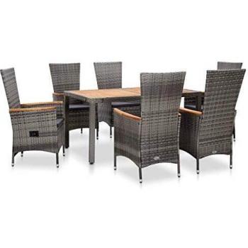 7-Piece Grey Poly Rattan Outdoor Dining Set with Cushions