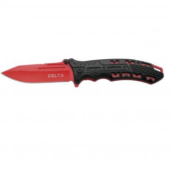 Navaja Third Delta K2797BKD con mango de aluminio negro y detalles en rojo, hoja de acero inoxidable de 10.5 cm, incluye clip y funda nylon