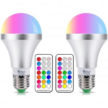 HYDONG Bombillas de luz LED RGBW regulables de 10 vatios Iluminación ambiental con mando a distancia de 21 teclas y función de memoria dual para el hogar, fiestas, bares y escenarios Paquete de 2