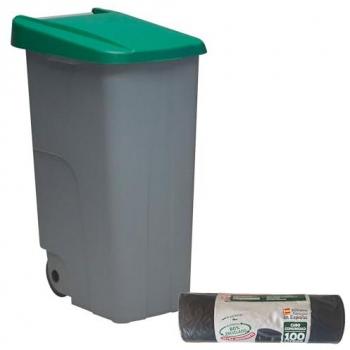 Contenedor Cerrado 85L Verde H.76cm + Rollo 10 bolsas de basura 100L