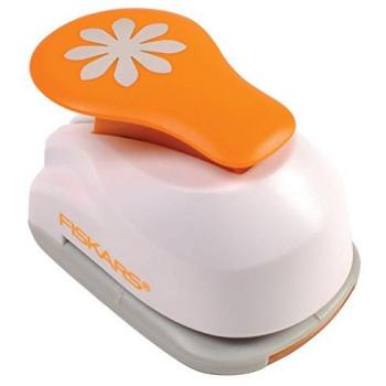 Fiskars Perforadora de figuras, Margarita, Ø 1,9 cm, Para diestros y zurdos, Acero de calidad/Plástico, Blanco/Naranja, Lever Punch, S, 1004643