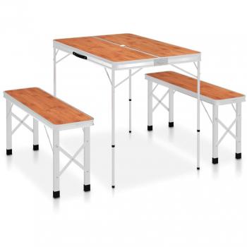 Mesa de Camping Plegable con 2 Bancos de Aluminio Color Marrón