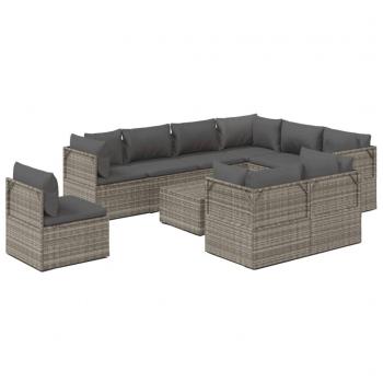 10-Piece Gray Poly Rattan Garden Lounge Set with Cushions