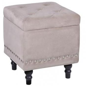 Puf de Almacenaje Beige de Terciopelo con Tachuelas y Asiento Acolchado 37 x 37 cm Loretto