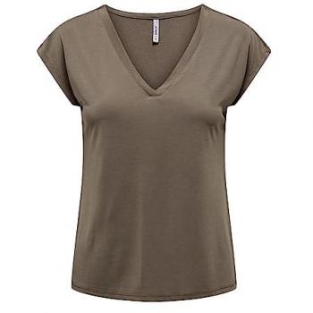 ONLY ONLFREE Women's Brown Short Sleeve V-Neck T-Shirt