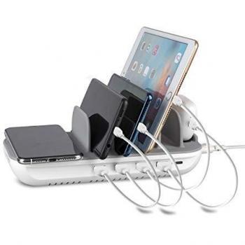 Estación de Carga 4smarts Family Evo 63W con Carga Inalámbrica Qi, 5 Puertos (4x USB, 1x USB-C PD) - Gris y Blanco