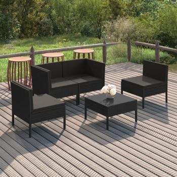 5-Piece Black Synthetic Rattan Garden Lounge Set with Cushions
