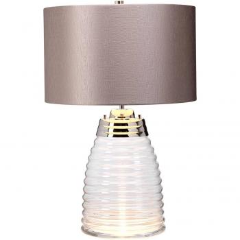 Lámpara de mesa Milne metalizado níquel pulido con base de vidrio y pantalla gris, altura 41 cm, cristal transparente