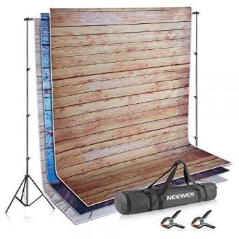 Neewer Kit de Fondo y Soporte para Foto Video Estudio: 3-Pack 1,5x2 Metros Fondo de Madera de Poliéster, 2,6x3 Metros Equipo de Soporte Ajustable con 2 Piezas de Fondo Abrazaderas y Bolsa