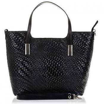 Firenze Artegiani Bolso Tote de Mujer en Piel auténtica Dollaro, Grabado Trenzado geométrico y Lacado, 38 cm, Negro