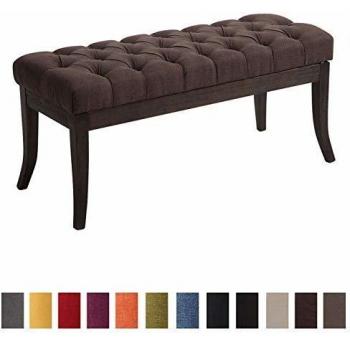 Banco con patas de madera y asiento en tela marrón, taburete recibidor Ramses en tela y madera oscura marrón 100 cm
