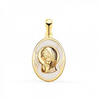 Medalla Ovalada de la Virgen Niña en Oro 18k con Fondo de Nácar - 17 mm - Primera Comunión