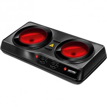 MPM MKE-21 Cocina Eléctrica Portátil Vitrocerámica 2 Fuegos 19 - 16,5 cm, Termostato Regulable, Apagado Automático de Seguridad, Pot