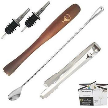 Cuchara Equilibrada Profesional de 30cm para Cócteles, Mano de Mortero de Madera de 25cm, 2 Vertedores de Licor y Pinzas para el Hielo. Complemento Premium para Sets de Coctelería de Bartender Soul®