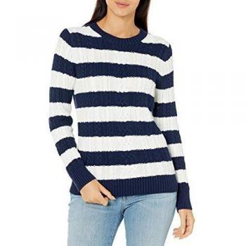 Amazon Essentials Fisherman Suéter de Cuello Redondo Trenzado Mujer estándar, Azul Marino/Blanco, Rayas, XS