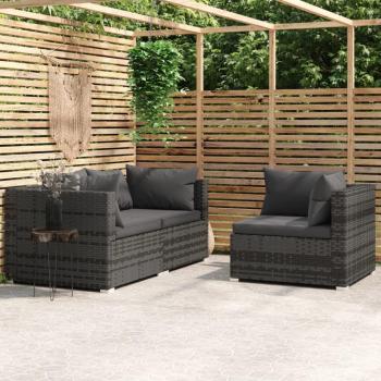 vidaXL 3 Piece Grey Poly Rattan Garden Lounge Set with Cushions