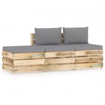 Conjunto de muebles de jardín 3 piezas con cojines de madera impregnada verde