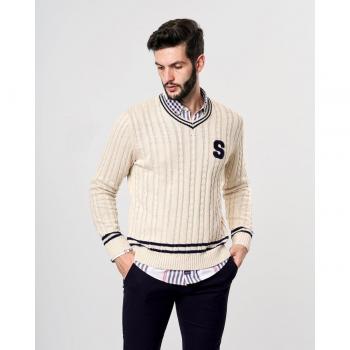 Jersey de hombre Spagnolo en beige con punto fantasía y cuello pico