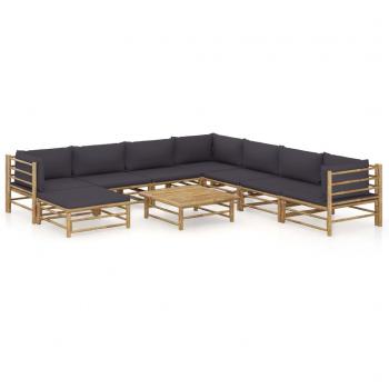 9-Piece Dark Grey Cushioned Bamboo Garden Lounge Set