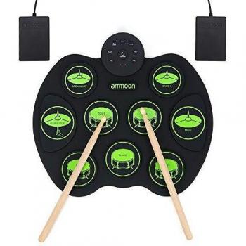Tambor Portátil Conjunto de Batería Electrónica - ammoon Digital Enrollar Sensible al Tacto Kit de Batería de Práctica 9 Pastillas de Batería 2 Pedales de Pie para Niños Principiantes
