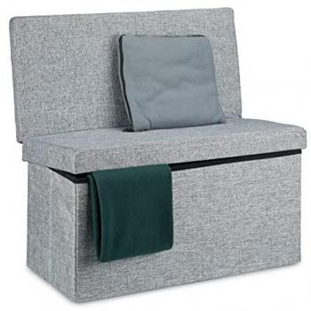 Baúl Almacenamiento Puff Asiento con Respaldo en Lino, 73 x 76 x 38 cm, Gris - Relaxdays