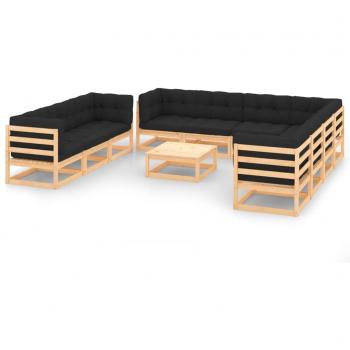 Juego de muebles de jardín 11 pzas con cojines de madera maciza de pino