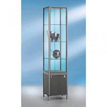 Vitrina de columna con 3 estantes de vidrio, dimensiones 186 x 40 x 40 cm, decoración plateada
