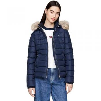 Tommy Jeans Women's Hooded Down Jacket with Faux Fur Trim, Size XL, Dark Night Navy